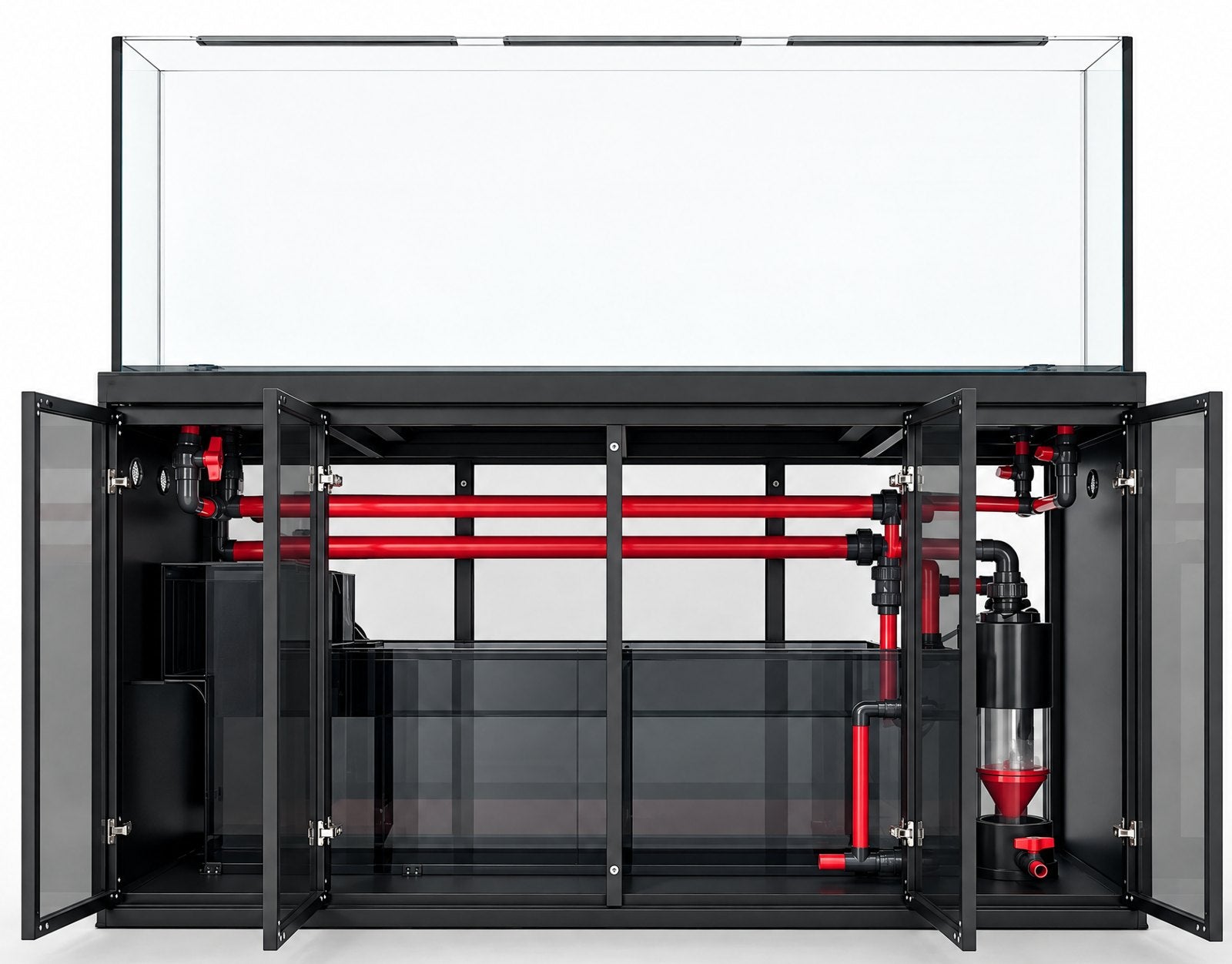 Clearview with cabinet doors open, showing the pre-plumbed sump